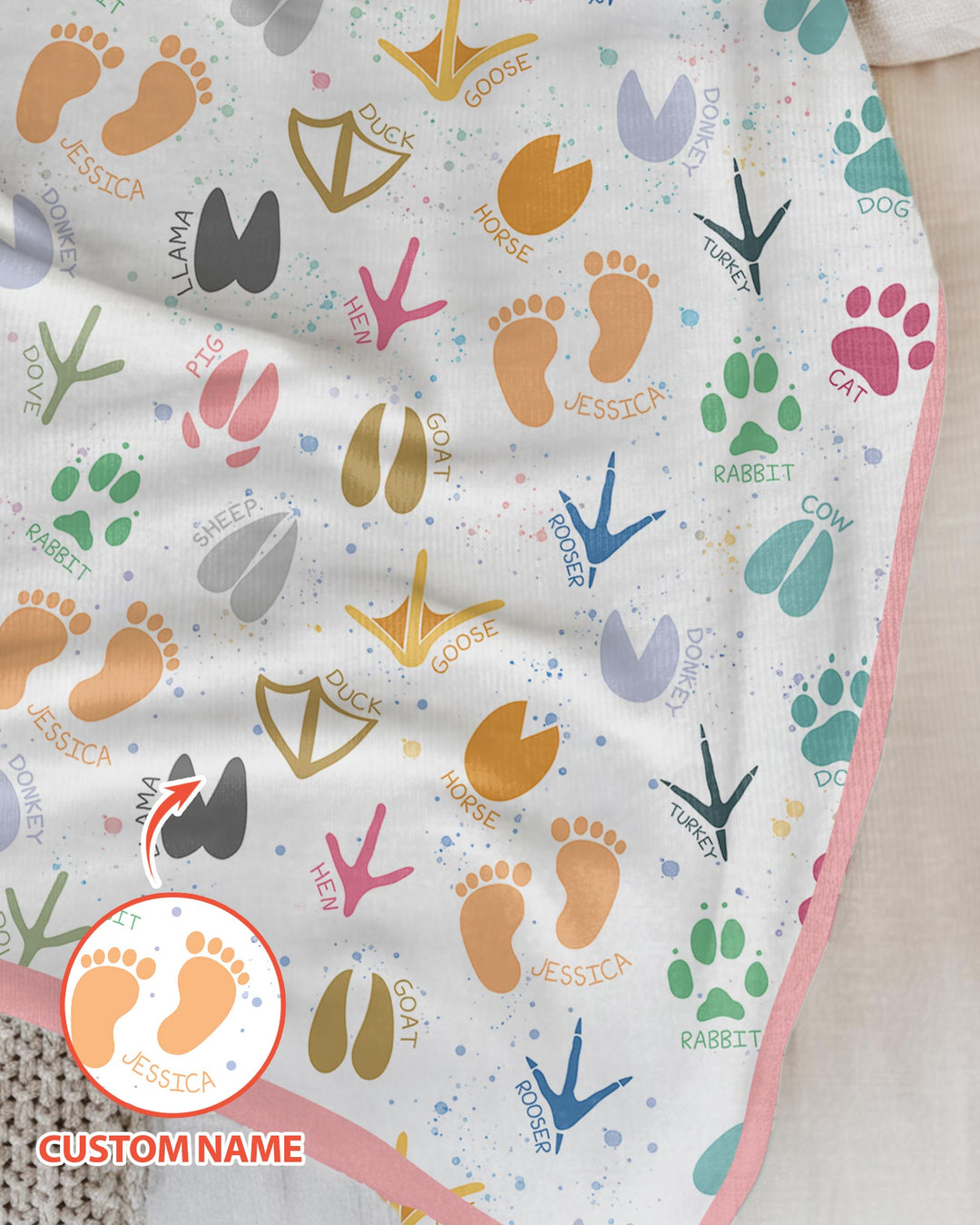 Cute Farm Animal Tracks Custom Name Bamboo Blanket