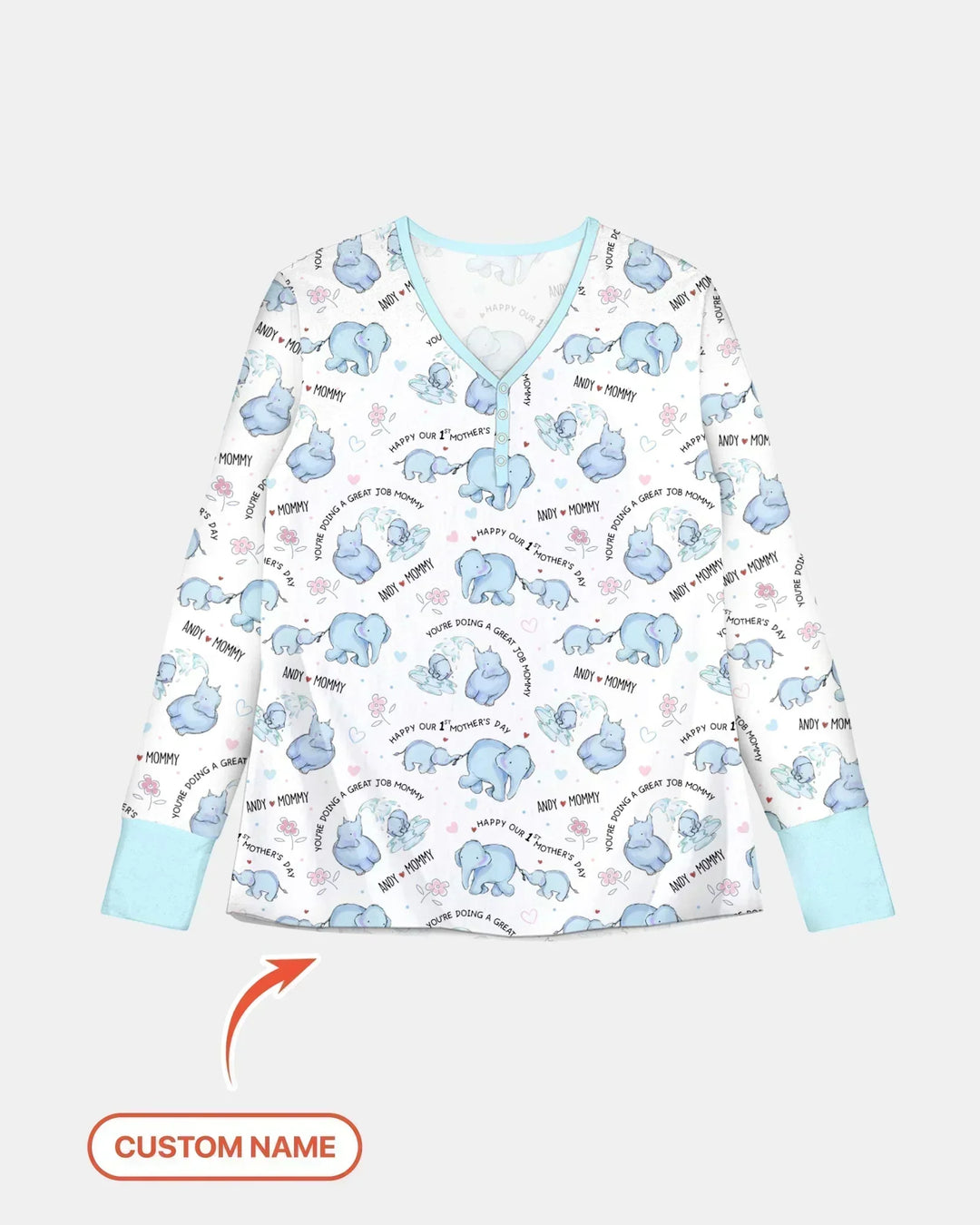 Pyjama-Set für Damen mit Namen, Mutter- und Baby-Elefant aus Bambus