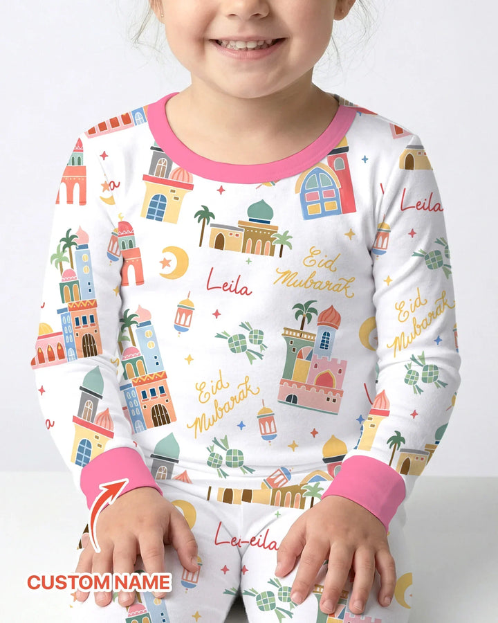 Eid Mubarak Custom Name Bamboo Two Piece Long Sleeve Pajama Set