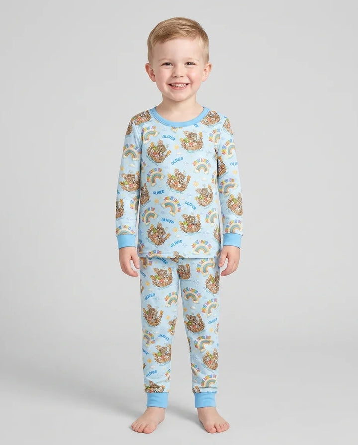 Custom Name Jesus Loves Me Noah's Ark Bamboo Two Piece Long Sleeve Pajama Set