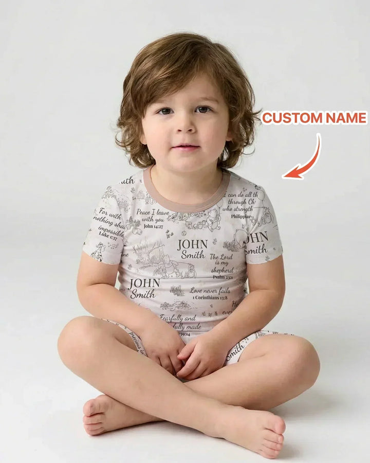 Classic Bear Bible Verse Custom Name Bamboo Two Piece Short Sleeve Shorts Pajama Set