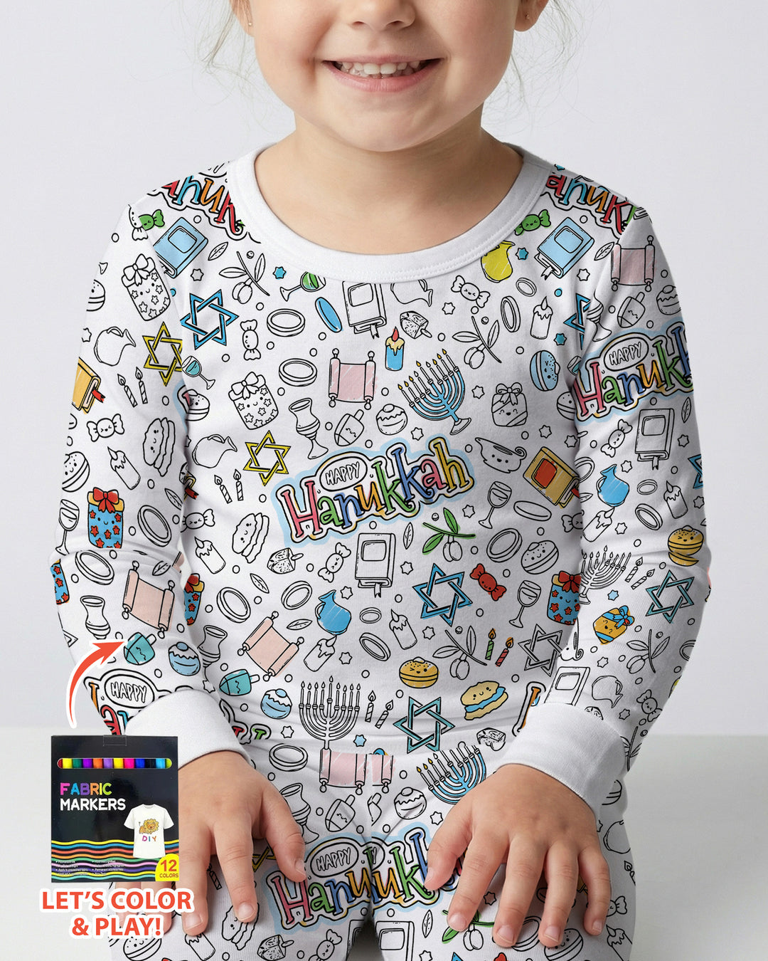 Happy Hanukkah Colorable Bamboo Two Piece Long Sleeve Pajama Set