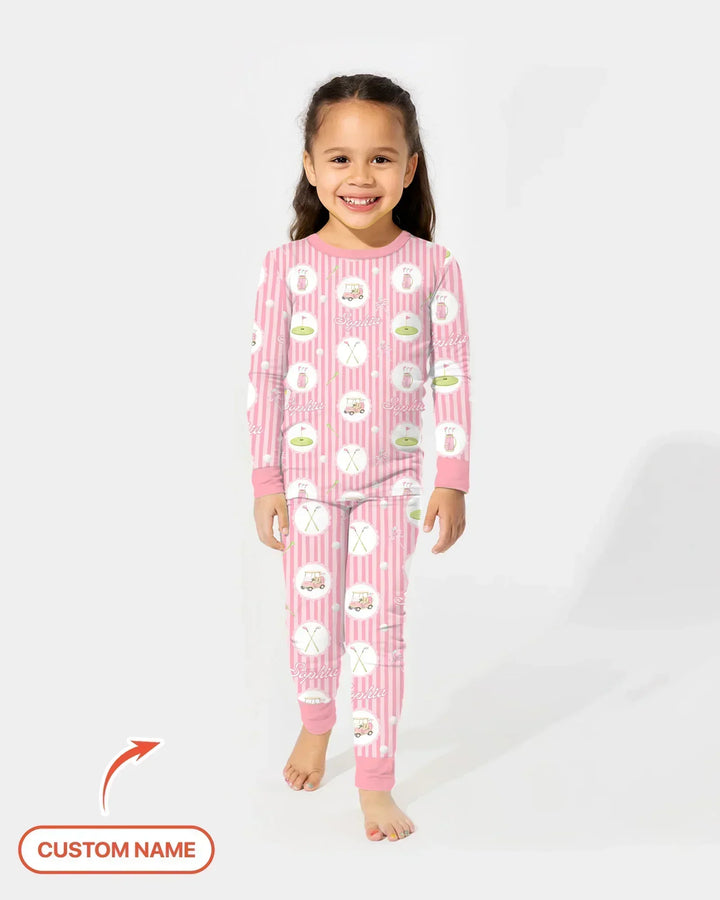 Custom Name Pink Golf Girl Bamboo Two Piece Long Sleeve Pajama Set