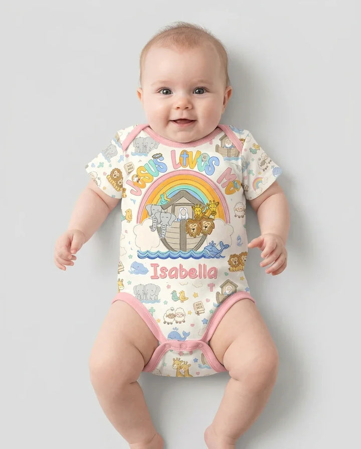 Custom Name Noah's Ark Jesus Loves Me Bamboo Bodysuit