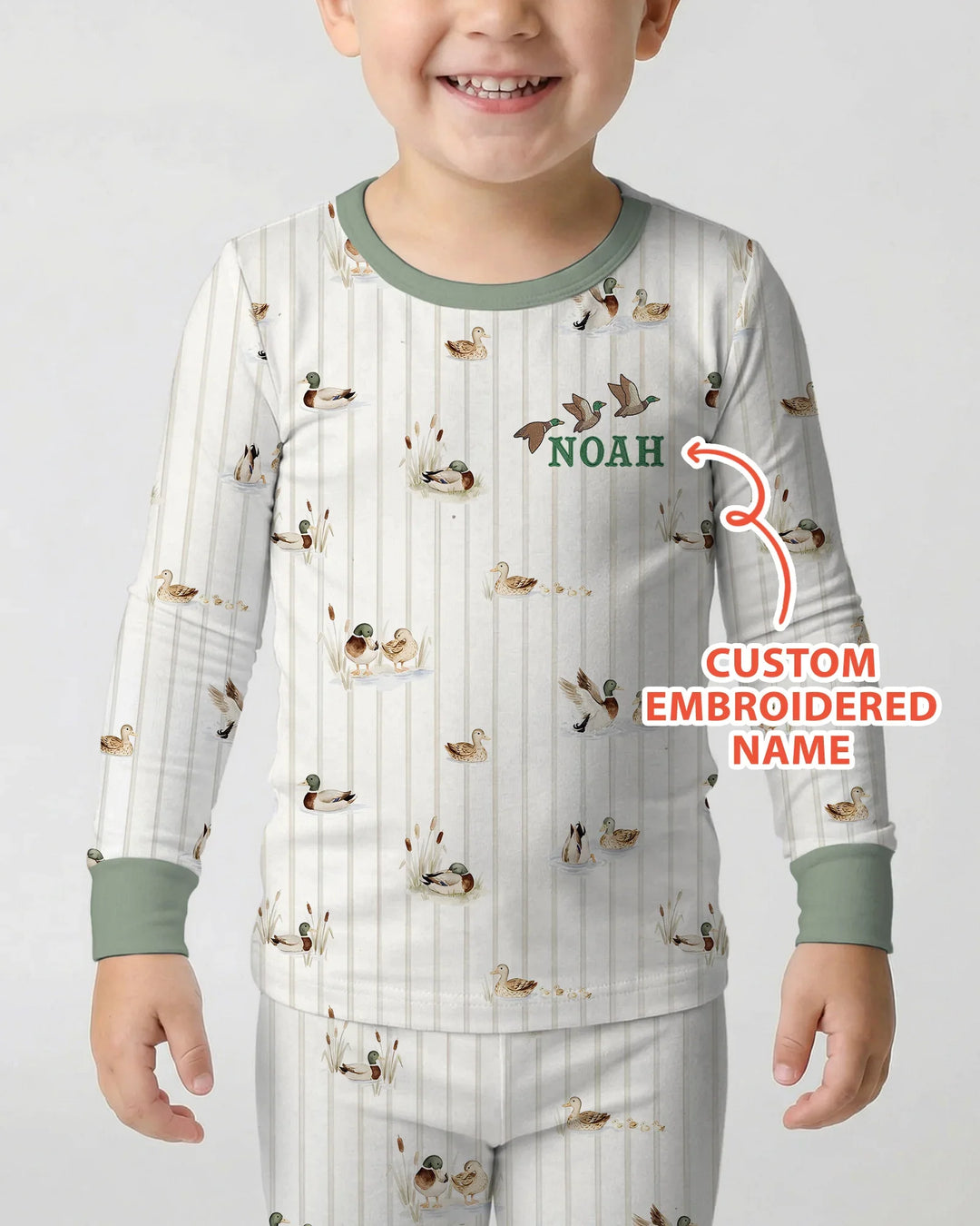 Custom Embroidered Name Mallard Duck  Bamboo Two Piece Long Sleeve Pajama Set
