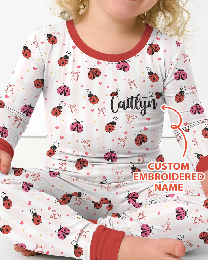 Custom Embroidered Name Ladybug Bamboo Two Piece Long Sleeve Pajama Set
