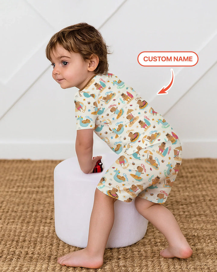 Don't Worry, Be Capy Custom Name Bamboo Two Piece Short Sleeve Shorts Pajama Set