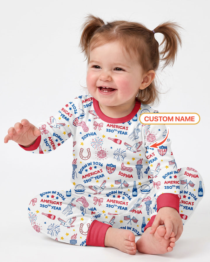 Born in 2026 America’s 250th Year Custom Name Bamboo Two Piece Long Sleeve Pajama Set
