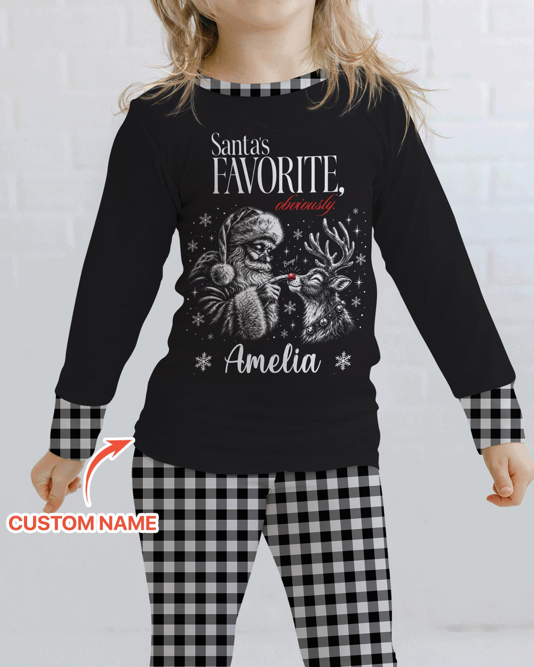 Custom Name Santa's Favorite Buffalo Plaid Bamboo Two Piece Long Sleeve Pajama Set