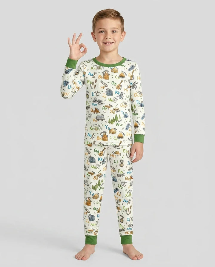 Adventure Alphabet ABCs Summer Camp Bamboo Two Piece Long Sleeve Pajama Set