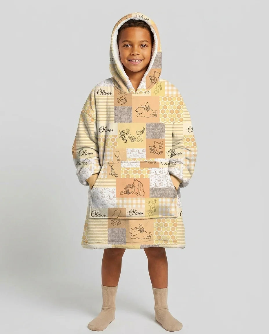 Personalized Classic Bear Patchwork  Bamboo Blanket Hoodie