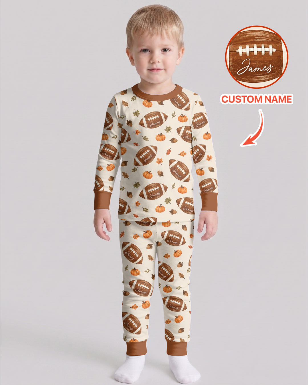 Custom Name Football Season Happy Fall Bamboo Two Piece Long Sleeve Pajama Set