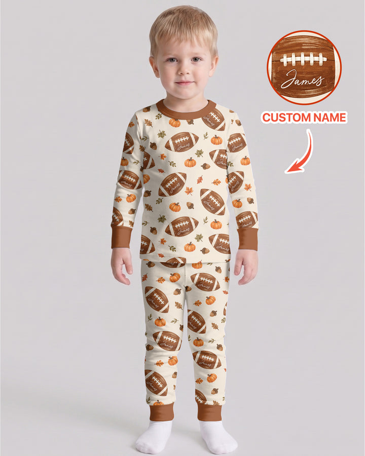 Custom Name Football Season Happy Fall Bamboo Two Piece Long Sleeve Pajama Set