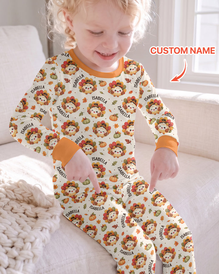 Cute Dumpling Turkey Thanksgiving Bamboo Two Piece Long Sleeve Pajama Set