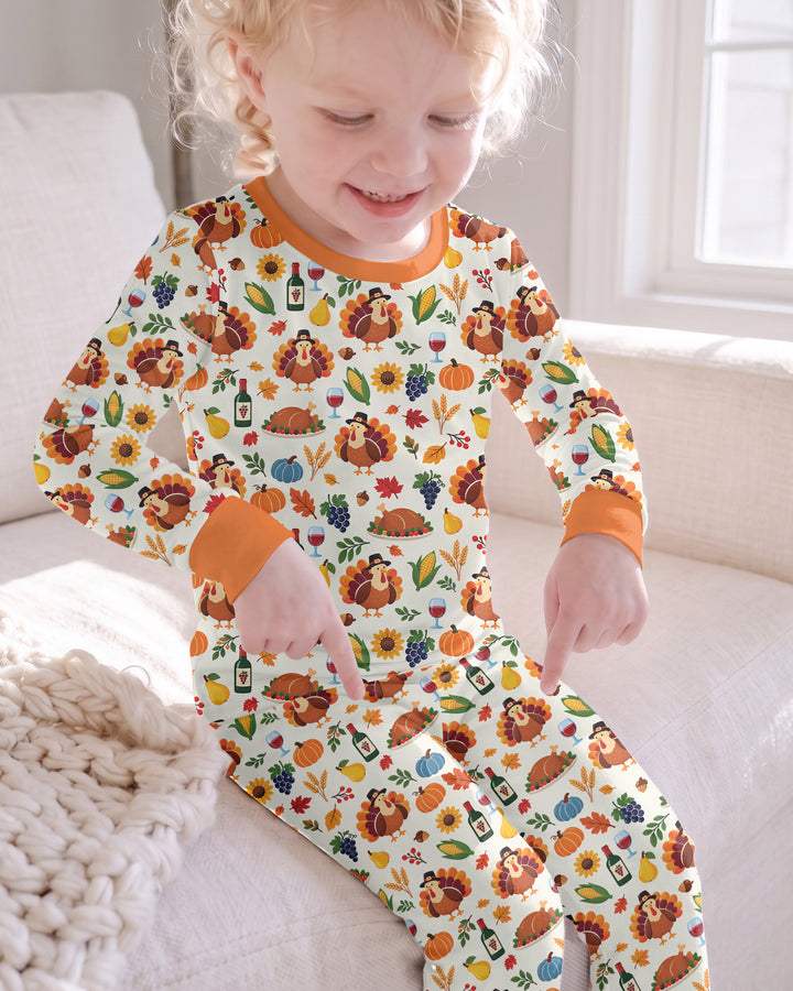 Thanksgiving Turkey Wine Harvest Bamboo Two Piece Long Sleeve Pajama Set