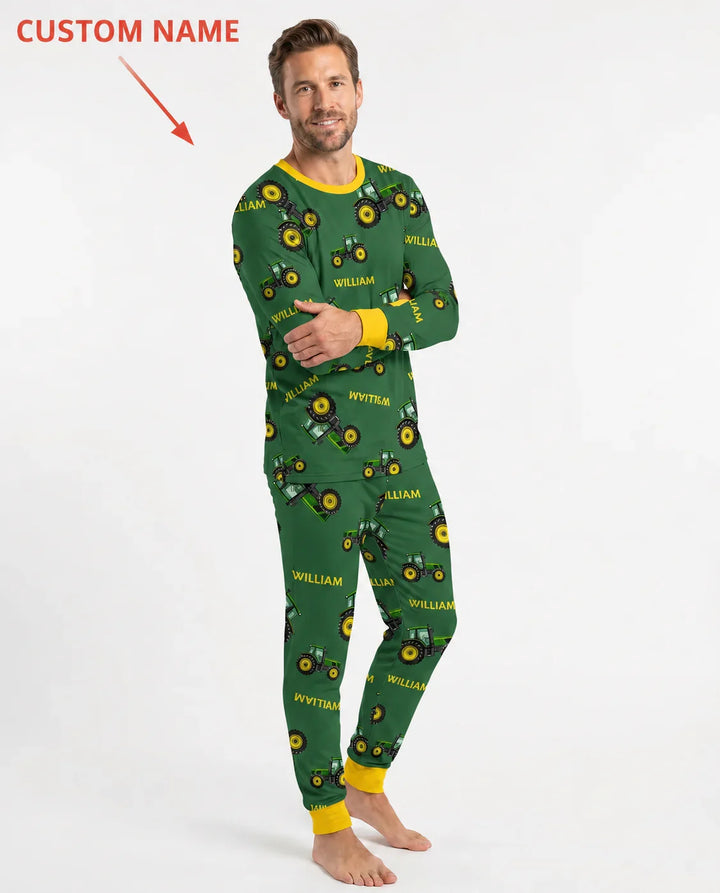 Custom Name Green Tractors Matching Daddy & Me Bamboo Men's Pajama Set