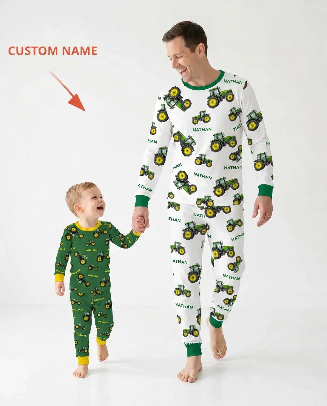Custom Name Green Tractors Matching Daddy & Me Bamboo Men's Pajama Set