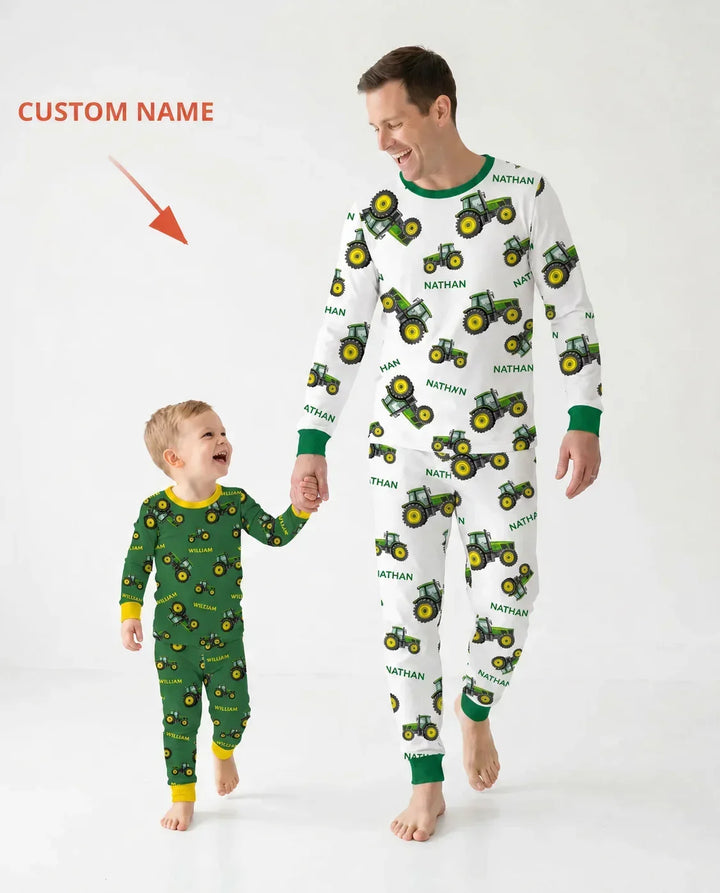 Custom Name Green Tractors Matching Daddy & Me Bamboo Men's Pajama Set