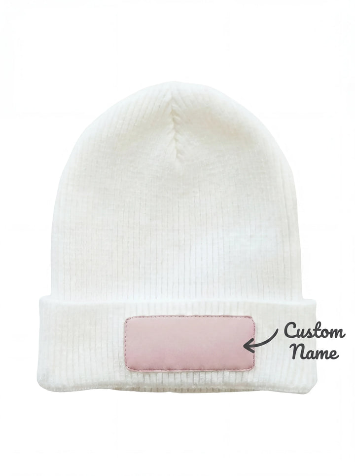 Custom Name Solid Color Leather Patch Beanie
