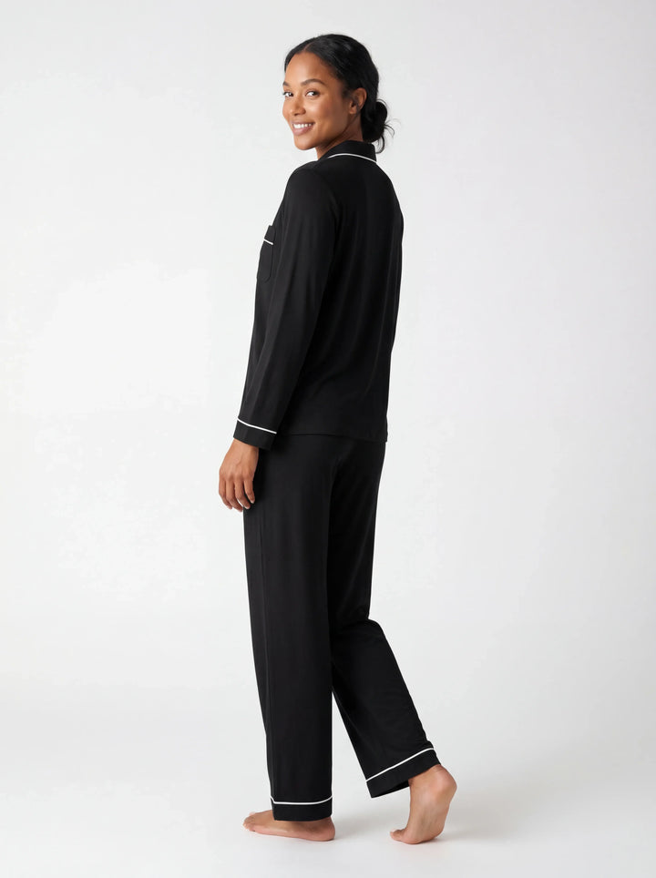 Pyjama-Set für Damen aus schwarzem Bambus mit Knöpfen