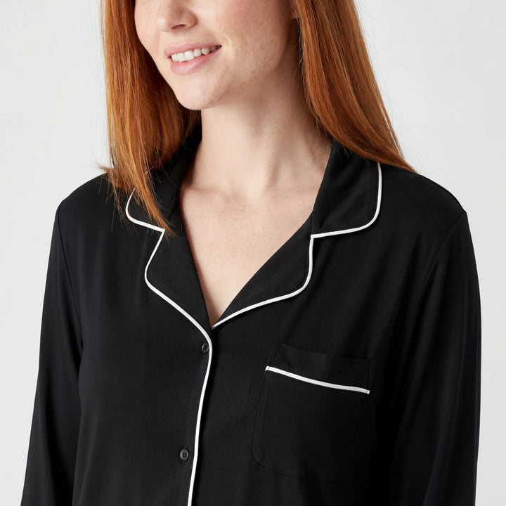 Pyjama-Set für Damen aus schwarzem Bambus mit Knöpfen