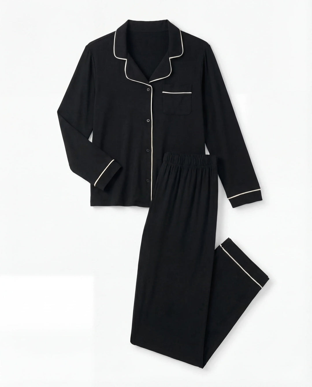 Pyjama-Set für Damen aus schwarzem Bambus mit Knöpfen