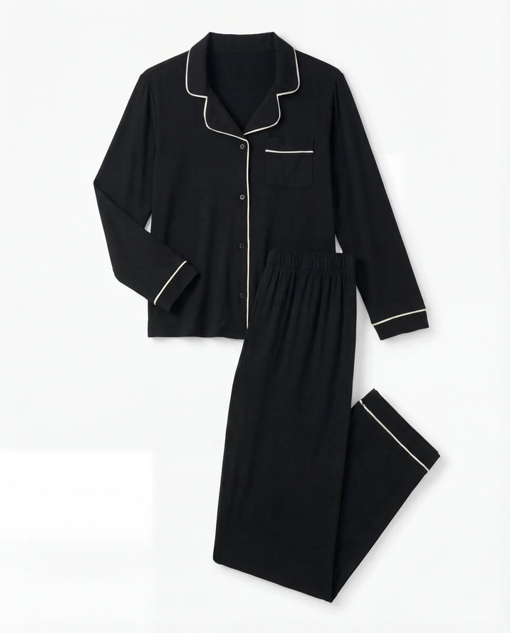 Pyjama-Set für Damen aus schwarzem Bambus mit Knöpfen