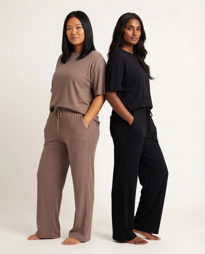 Hazy Brown Bamboo Ribbed Wide Leg Pant
