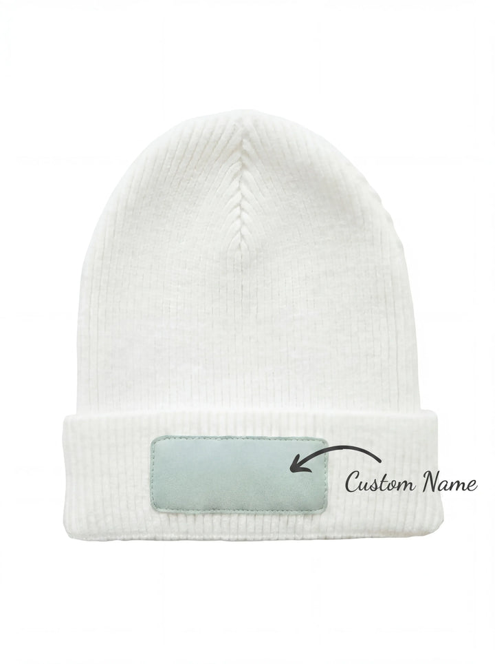 Custom Name Solid Color Leather Patch Beanie