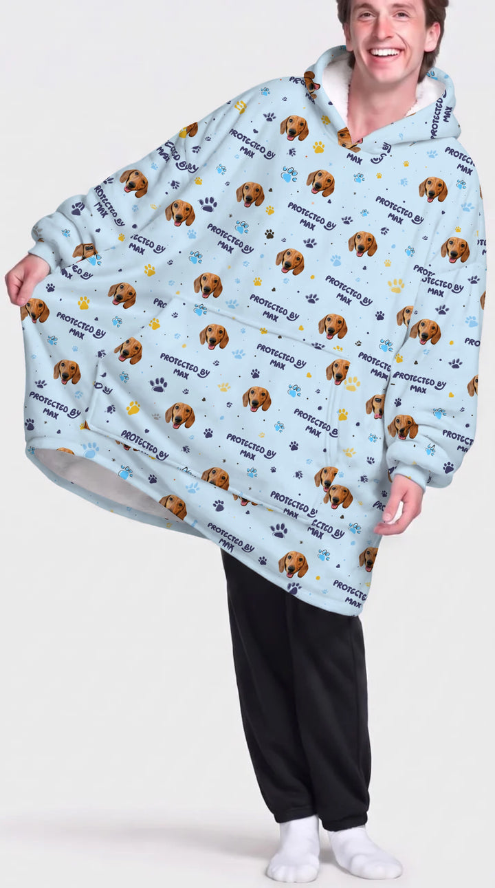 Custom Dog Photos "Protected By" Pawfect Blue Bamboo Blanket Hoodie
