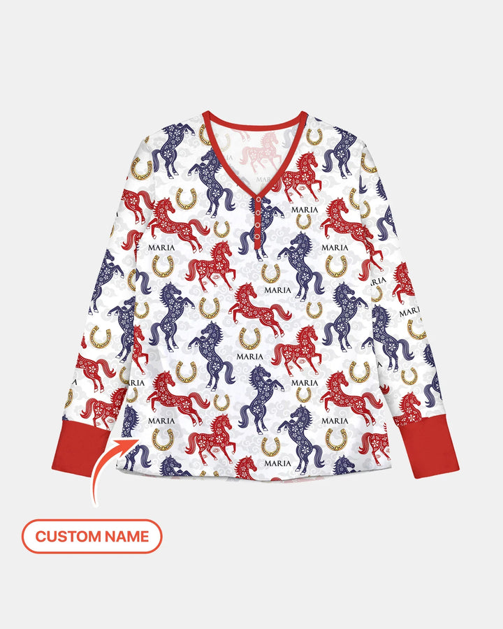 Benutzerdefinierter Name Chinoiserie Pferde Bambus Damen Schlafanzug Set