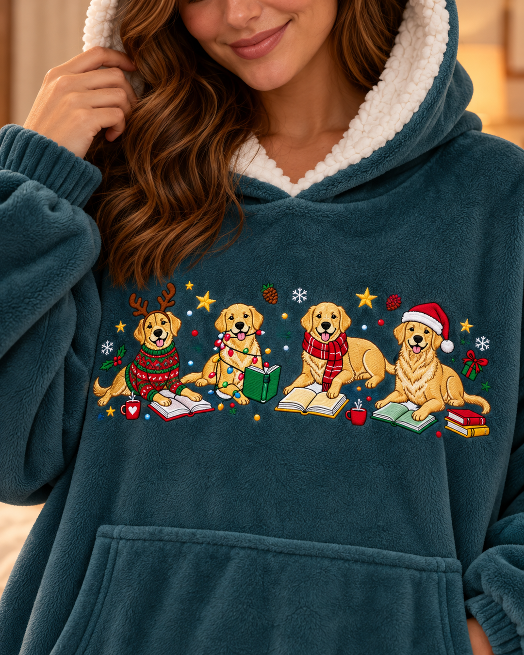 Easily Distracted By Golden Retriever And Books Embroidered Blanket Hoodie