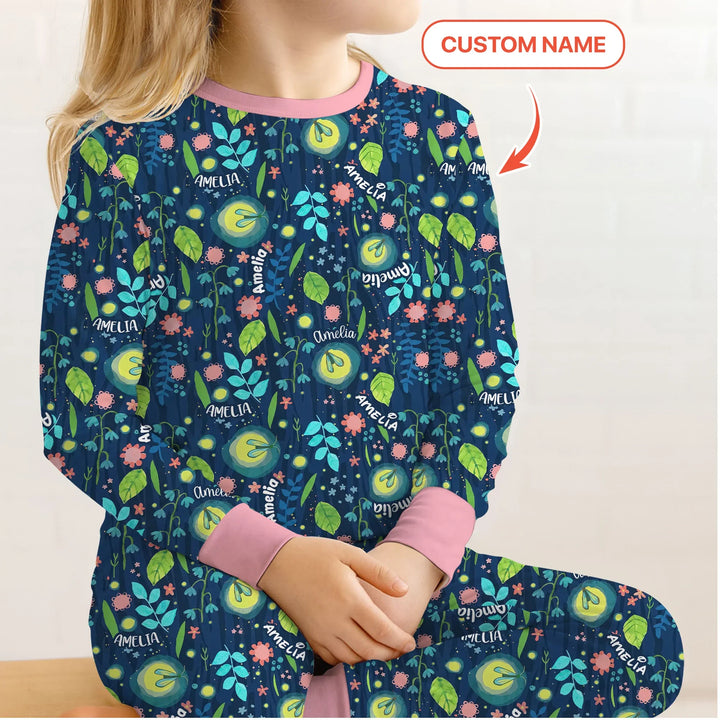 Nighttime Bugs Custom Name Bamboo Two Piece Long Sleeve Pajama Set