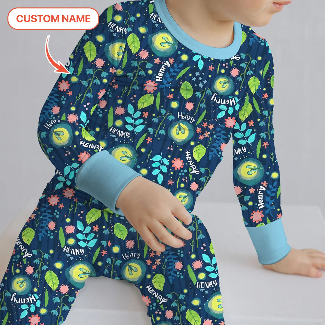 Nighttime Bugs Custom Name Bamboo Two Piece Long Sleeve Pajama Set