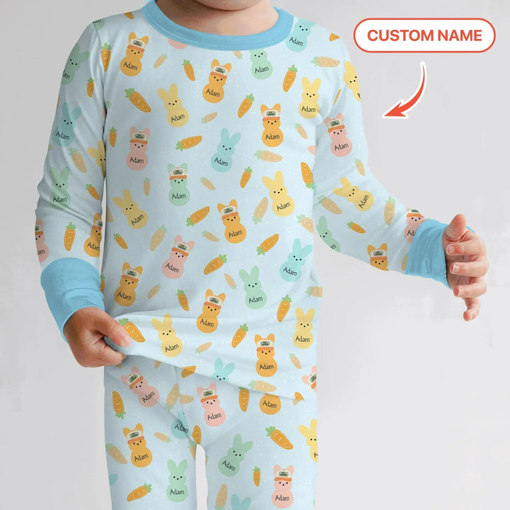 Custom Name Easter Bunny Bamboo Two Piece Long Sleeve Pajama Set