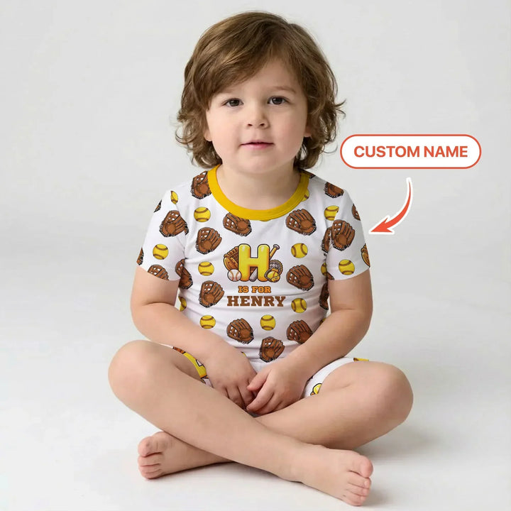 Softball Patterns Customized Bamboo Two Piece Short Sleeve Shorts Pajama Set