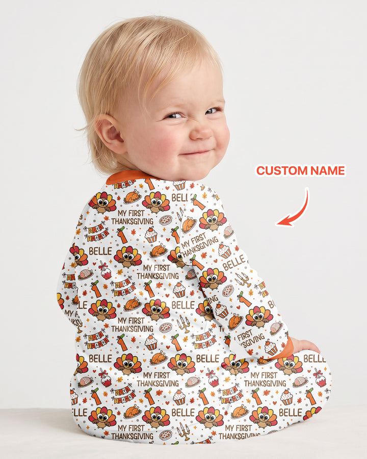 Custom Name Doodle Turkey My First Thanksgiving Bamboo Two Piece Long Sleeve Pajama Set