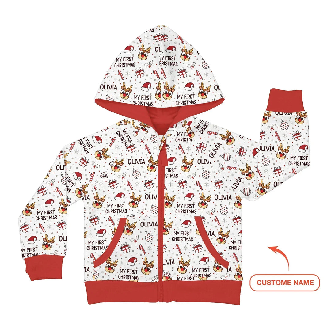 Personalisierter Name Rentier-Doodle Mein erstes Weihnachten Bambus-Kapuzenpullover mit Reißverschluss