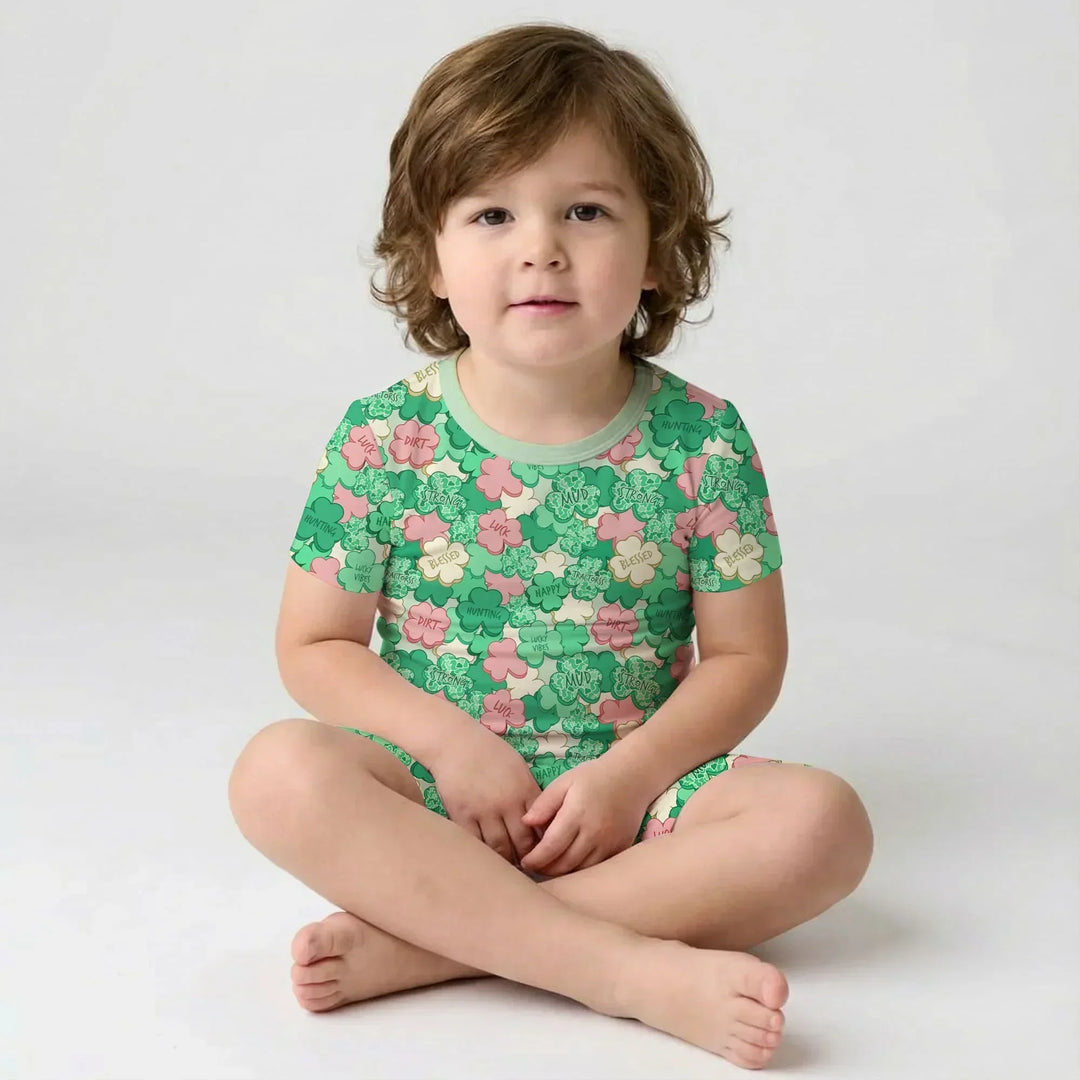Lucky Vibes Shamrock Bamboo Two Piece Short Sleeve Shorts Pajama Set