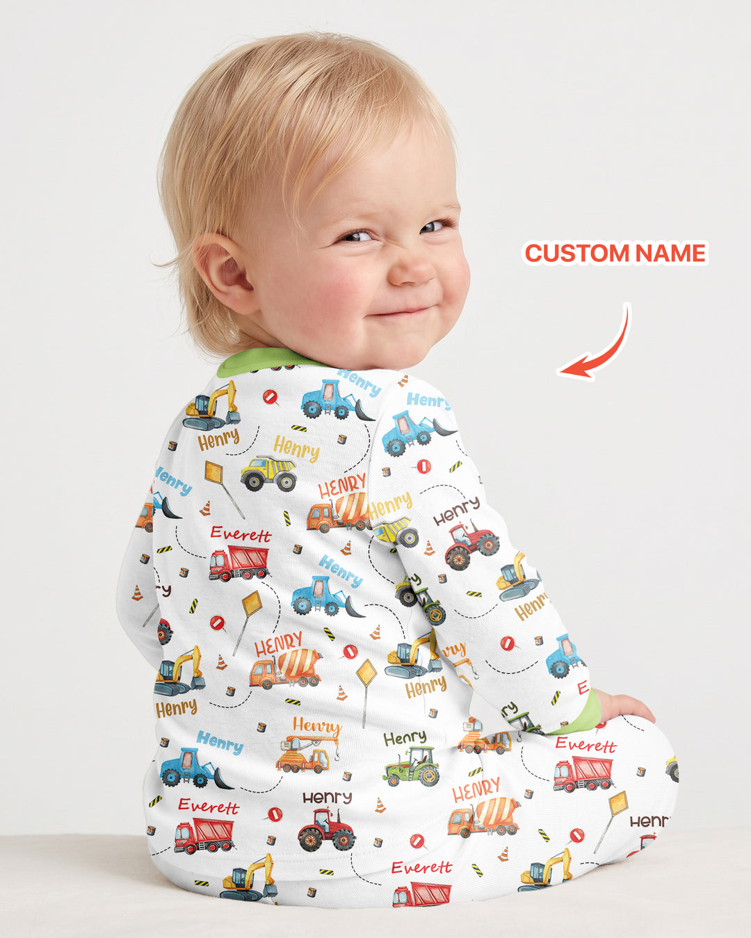 Construction Vehicles Custom Name Bamboo Two Piece Long Sleeve Pajama Set