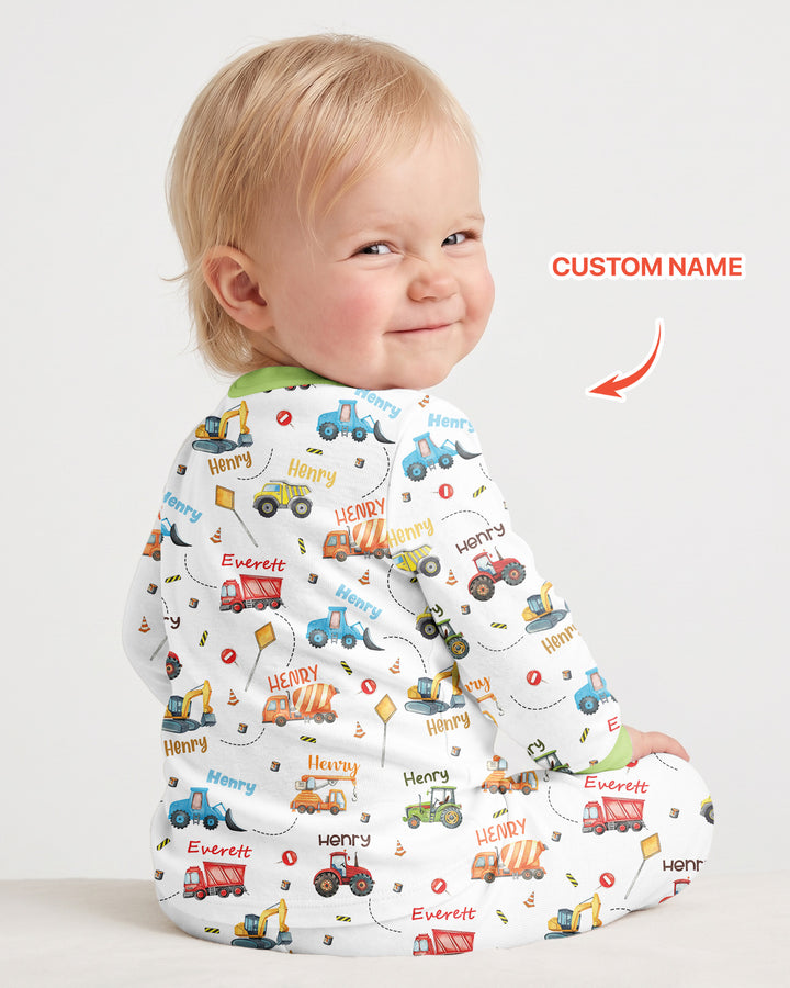 Construction Vehicles Custom Name Bamboo Two Piece Long Sleeve Pajama Set