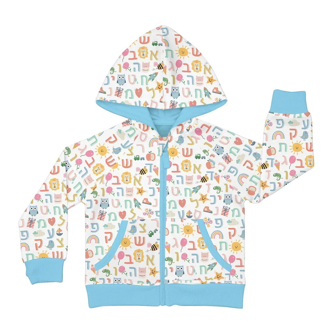 Kapuzenpullover aus Bambus mit hebräischem Alphabet und Reißverschluss