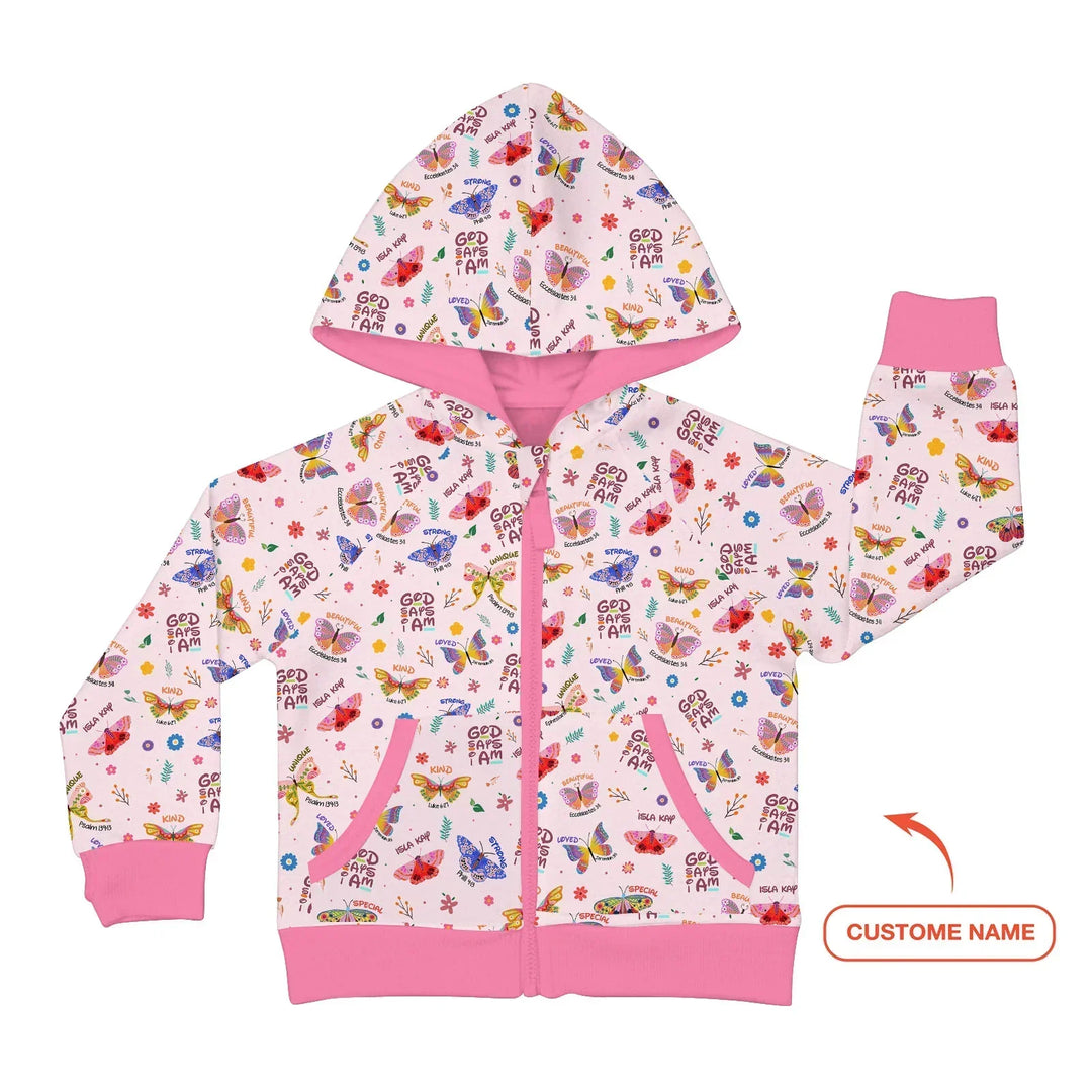 Gott sagt, ich bin Schmetterling benutzerdefinierter Name Bambus Reißverschluss-Hoodie