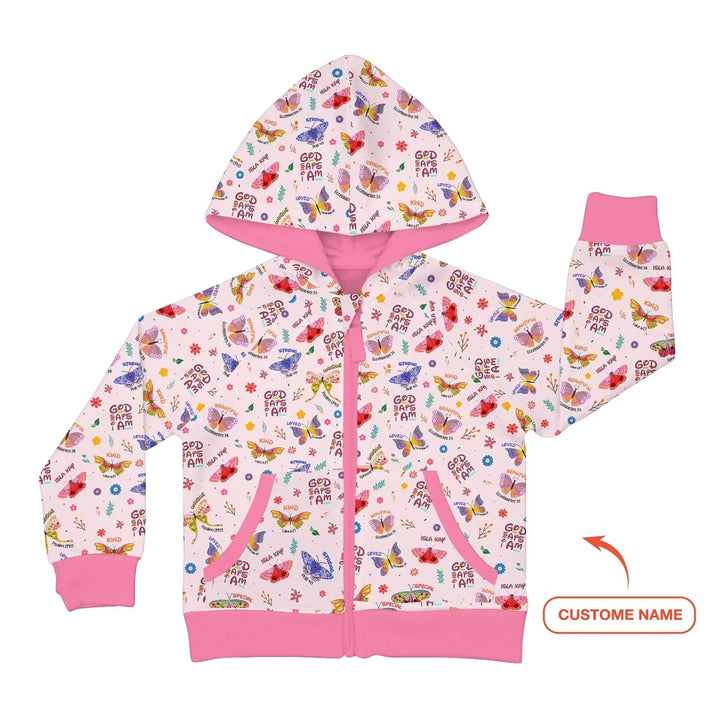 Gott sagt, ich bin Schmetterling benutzerdefinierter Name Bambus Reißverschluss-Hoodie