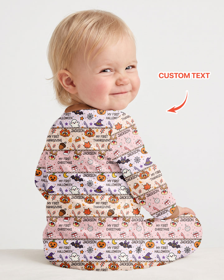 Custom Name My First Hallothanksmas Bamboo Two Piece Long Sleeve Pajama Set