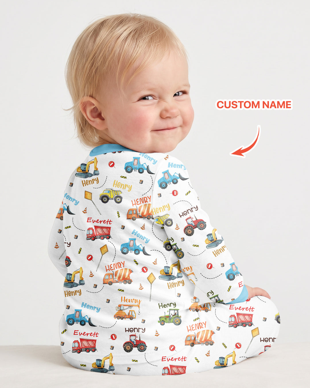 Construction Vehicles Custom Name Bamboo Two Piece Long Sleeve Pajama Set