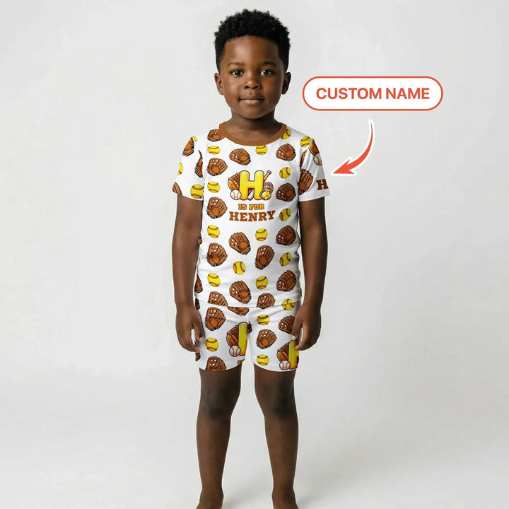 Softball Patterns Customized Bamboo Two Piece Short Sleeve Shorts Pajama Set