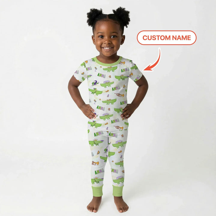 Alligator Mardi Gras Festival Bamboo Two Piece Short Sleeve Pajama Set