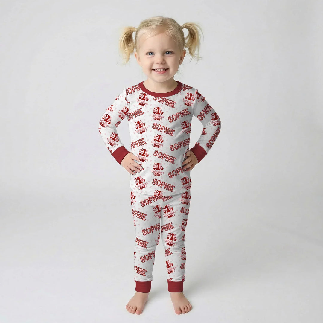 Custom Name My 1st Valentine's Day Bamboo Two Piece Long Sleeve Pajama Set