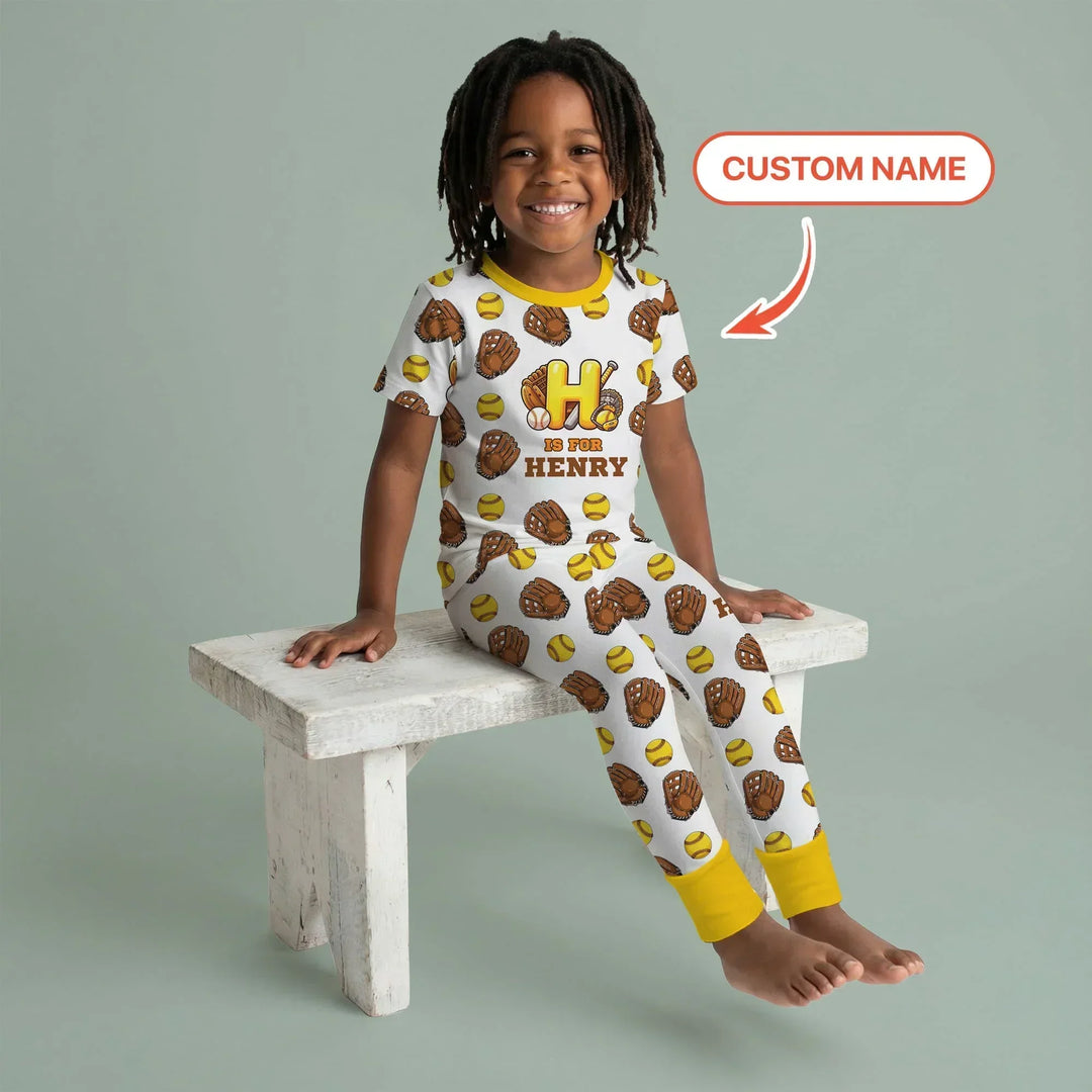 Softball Patterns Customized Bamboo Two Piece Short Sleeve Pajama Set
